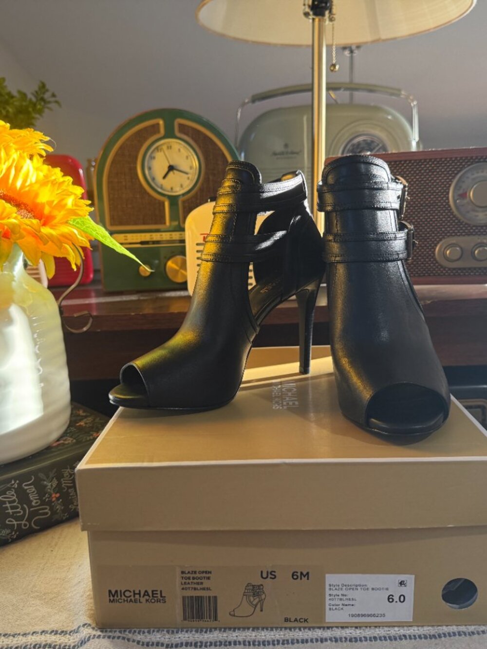 NWOT Michael Kors Blaze Open Toe Leather Booties |Black |Size 6 |Buckle Stiletto - Picture 3 of 7